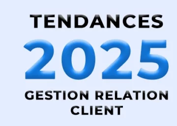 Les tendances en gestion de la relation client pour 2025, avec un opérateur souriant et des icônes représentant des outils modernes pour améliorer l’expérience client
